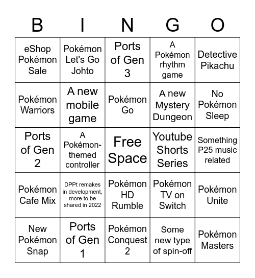 Pokémon Presents Bingo Card
