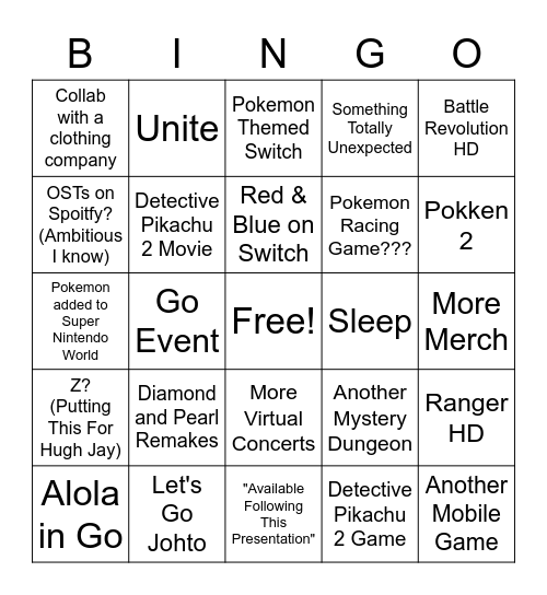 Pokemon Presents Bingo Card
