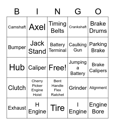 Automotive Vocabulary Bingo Card