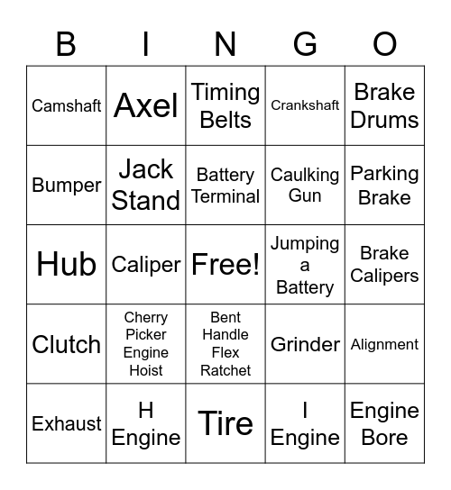 Automotive Vocabulary Bingo Card