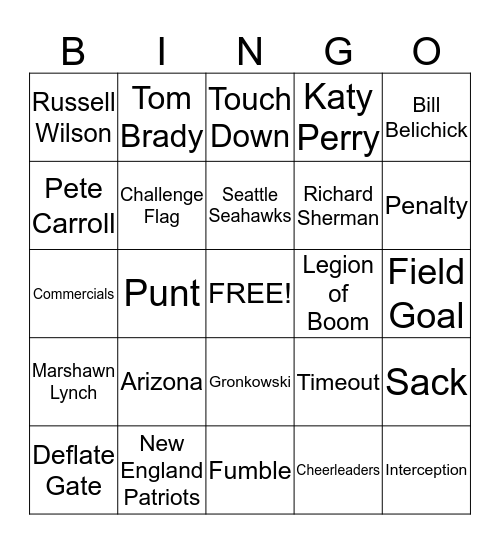 2015 Super Bowl Bingo Card