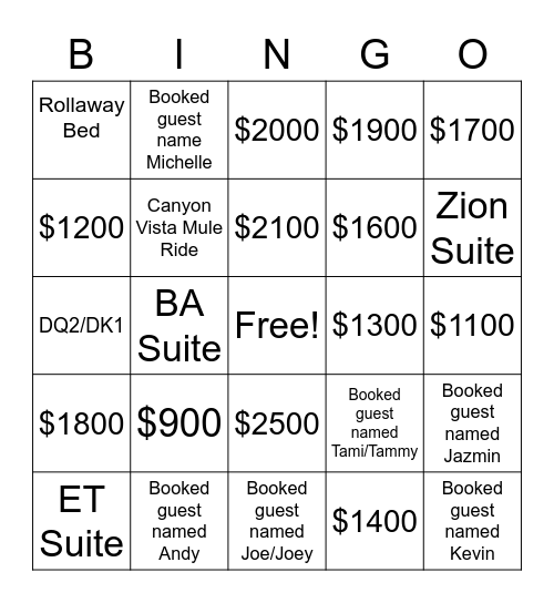 XANTERRA BINGO Card