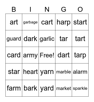 Vocalic /ar/ Bingo Words Bingo Card