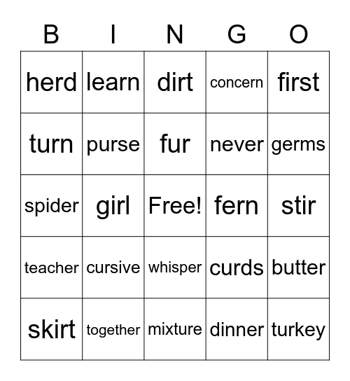 Vocalic <er> Bingo Card