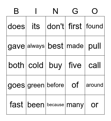 Sight Words Bingo Card