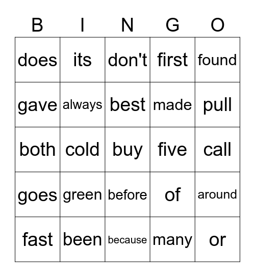 Sight Words Bingo Card