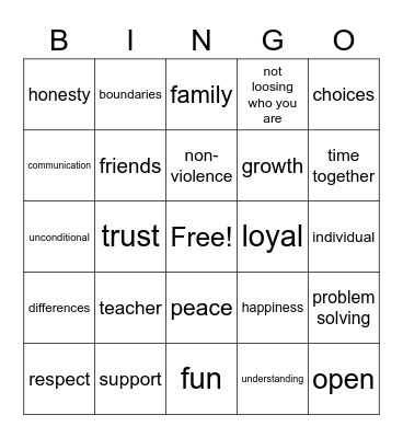 Healthy Relationships Bingo Card