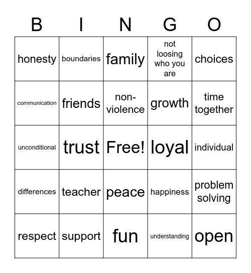 Healthy Relationships Bingo Card