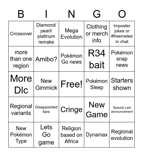 Pokemon Direct Bingo Card