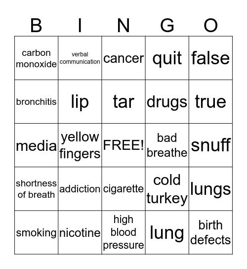 Tobacco Bingo Card