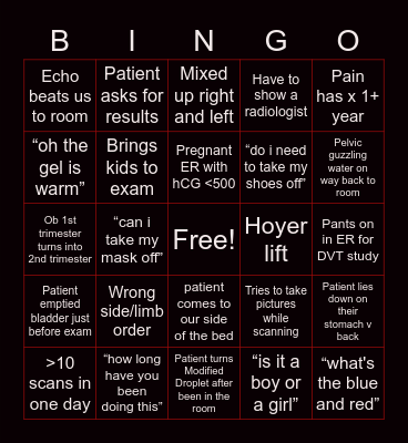 Sonographer Bingo Card