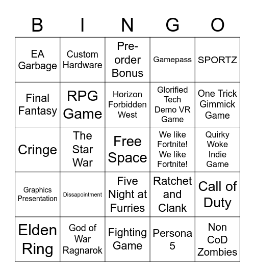 February 2021 State of Play Event Bingo Card