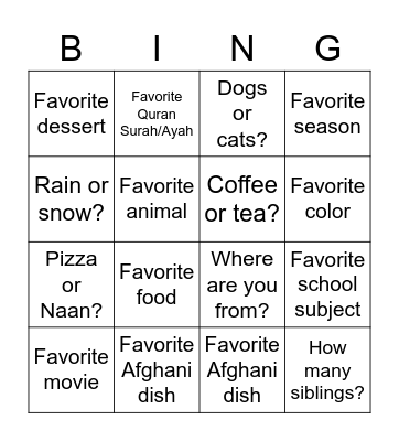 Get to know you Bingo Card