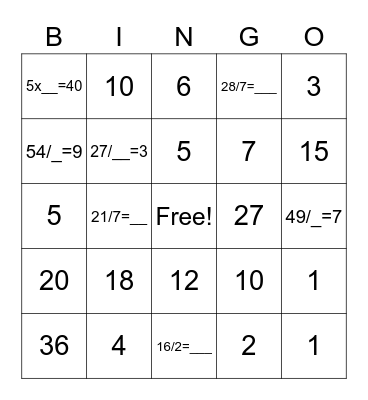 Multiplication/Division Bingo Card