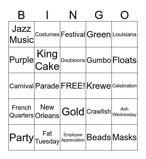 Mardi Gras Bingo Card