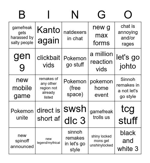 Pokemon Direct 2/26/2021 Bingo Card