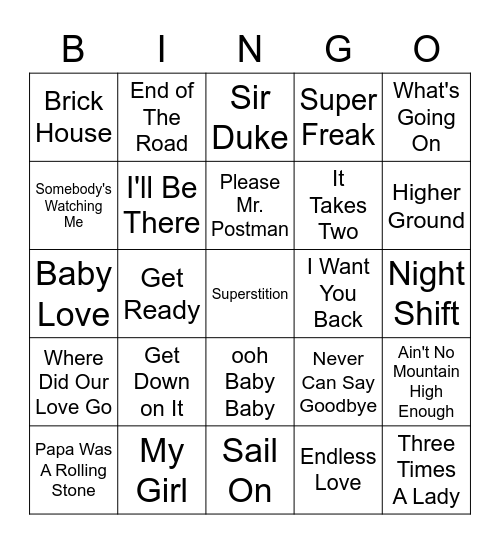 Motown Hits Bingo Card