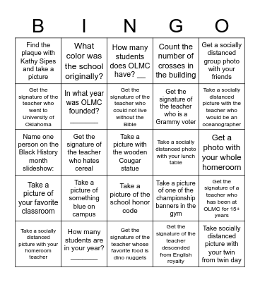 Spirit Week Bingo Scavenger Hunt Bingo Card