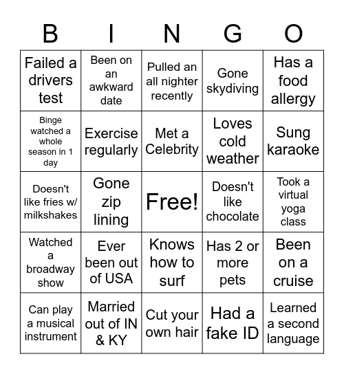 GET TO KNOW ME!! Bingo Card