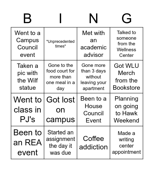 WLU First Year Bingo Card