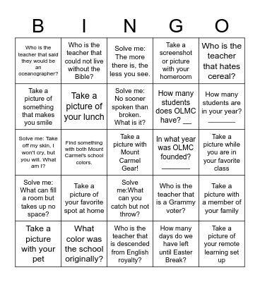 Remote Learning Bingo "Scavenger Hunt" Bingo Card