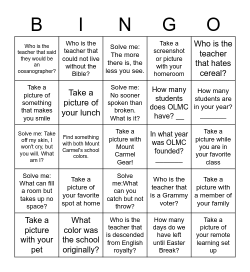 Remote Learning Bingo "Scavenger Hunt" Bingo Card