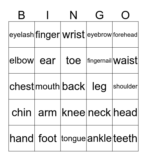 Body Part Bingo Card