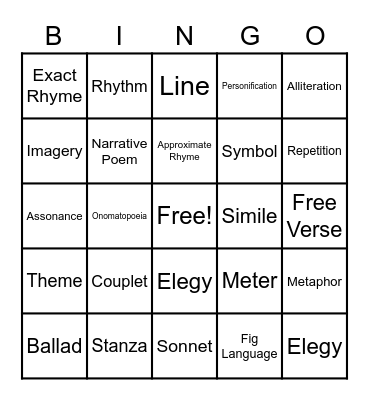 Poetry Bingo Card