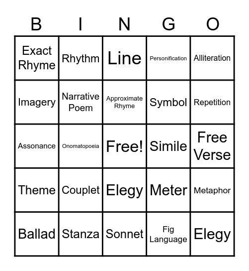 Poetry Bingo Card