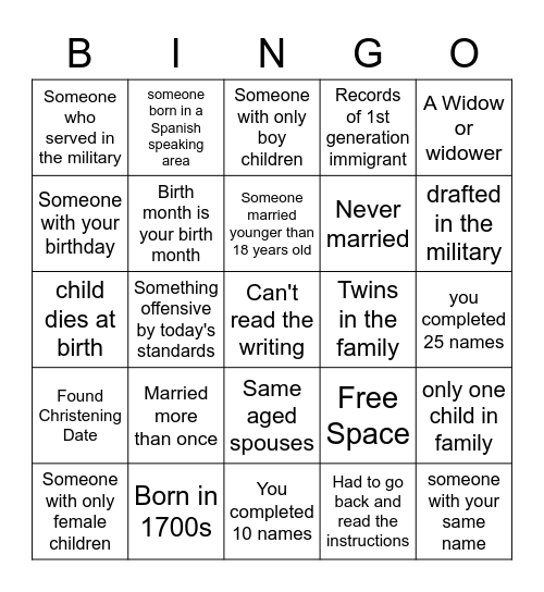 Indexing Bingo Card