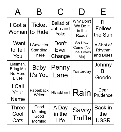 BEATLES SONGS Bingo Card