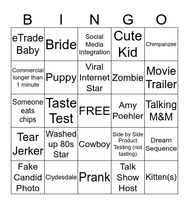 Pebble Creek 2015 Super Bowl Commercial Bingo Card