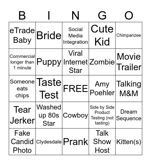 Pebble Creek 2015 Super Bowl Commercial Bingo Card