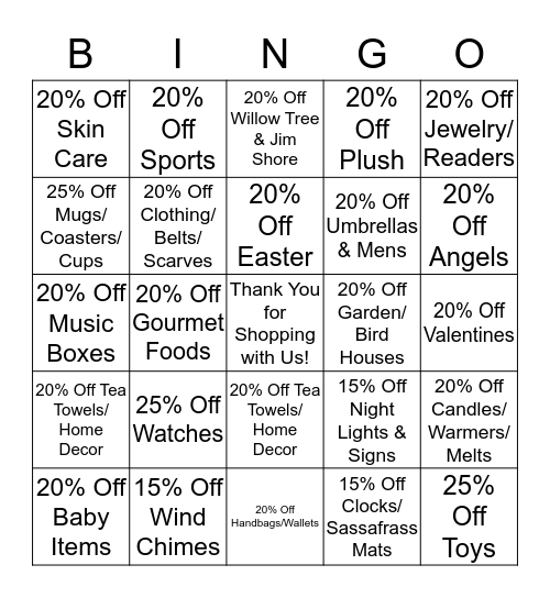 One Dream/WMHS Gift Shop Bingo Sale February 1-28, 2015 Bingo Card