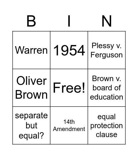 Brown v. Board of Education Bingo Card