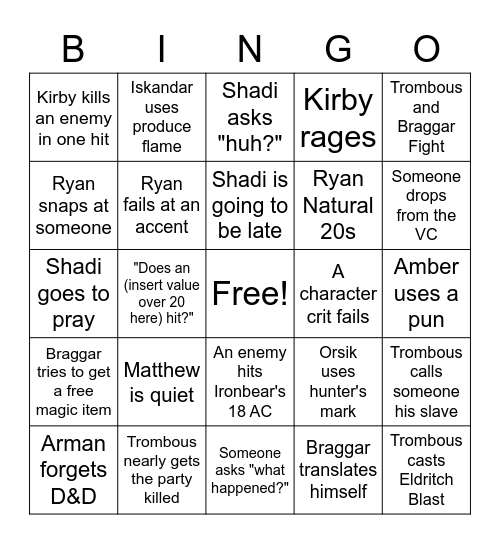 D&D Group Bingo Card