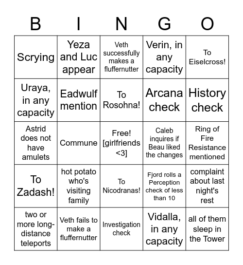 In Which Some Of Us Had Better Accommodations Than Others Last Night [Critical Role 2.127] Bingo Card