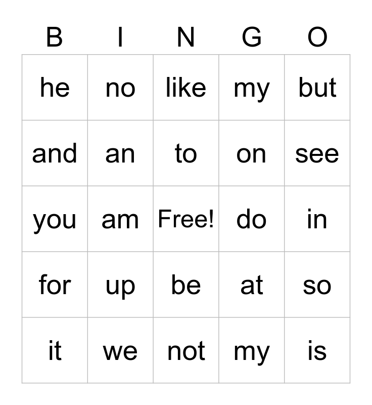 SIGHT WORD BINGO **** Bingo Card