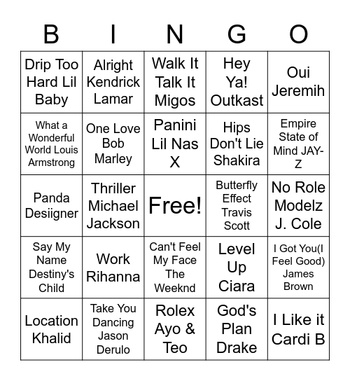 Songs Bingo Card