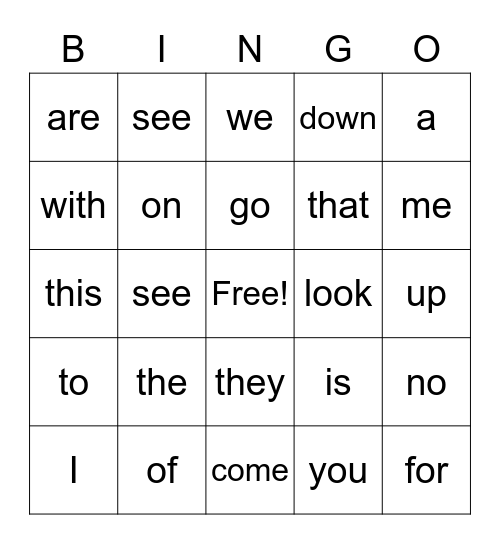 Sight word bingo Card