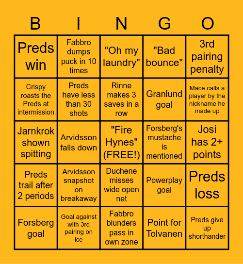 Preds BINGO Card