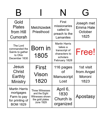 Doctrine & Covenants Timeline Bingo Card