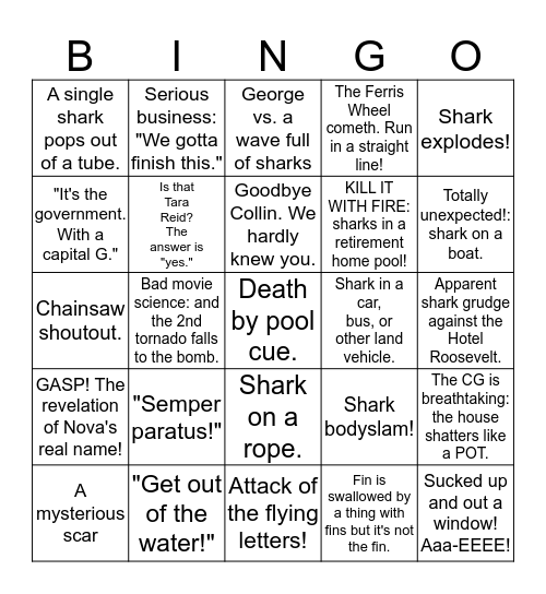 Bad Movie Bingo: SHARKNADO! Bingo Card