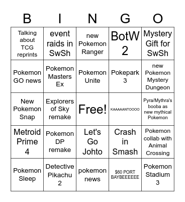 Pokemon Presents Bingo Card Bingo Card