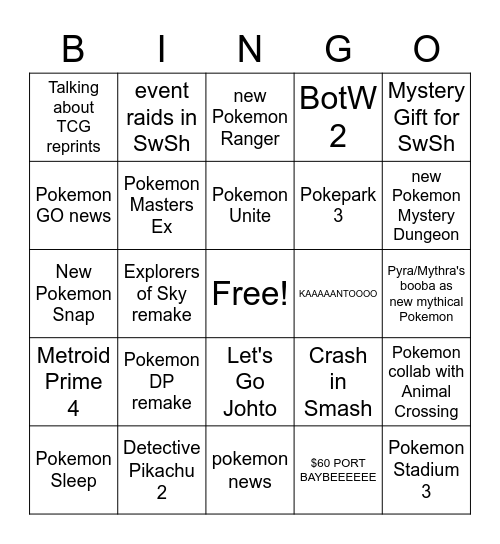 Pokemon Presents Bingo Card Bingo Card