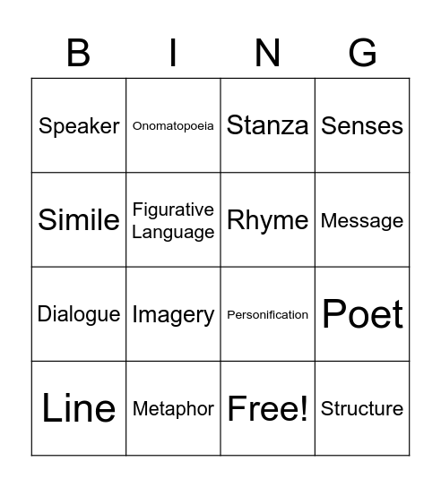 Poetry Bingo Card