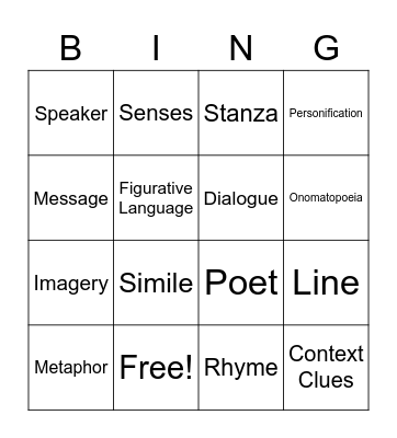 Poetry Bingo Card