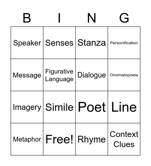 Poetry Bingo Card