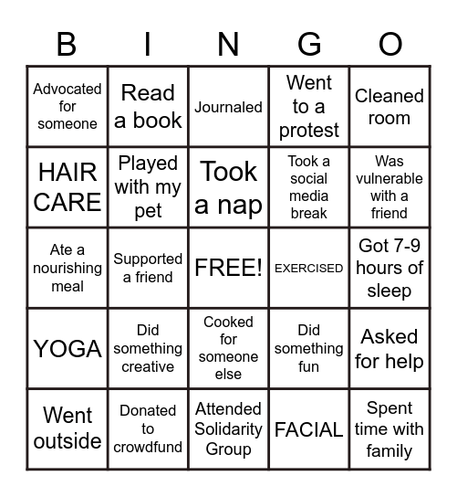 Self and Community Care Bingo Card