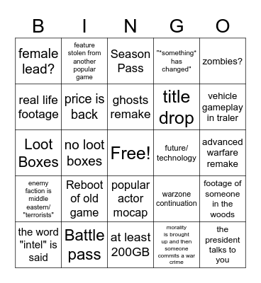 CoD Reveal Trailer Bingo Card